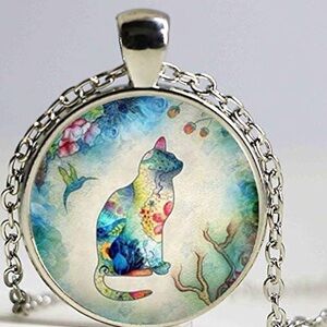 Cat and hummingbird art pendant. By shimmering Spring. New in package